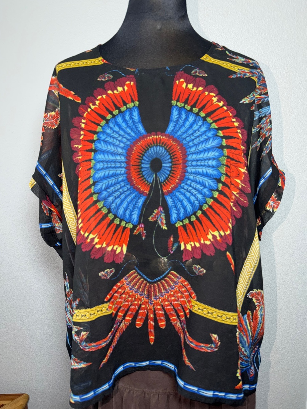 Meling Oversized Feather Print Sheer Blouse Black Multicolor Boho Caftan Top